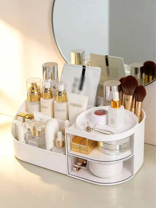 Large Capacity Countertop Makeup Organizer With Clear Sliding Drawers, Multi Compartment Skincare Cosmetic Storage Caddy, Desktop Vanity Holder For Makeup Brushes, Serum, Foundation, Lipstick & Jewelry, Bathroom Dresser Cosmetic Display Case